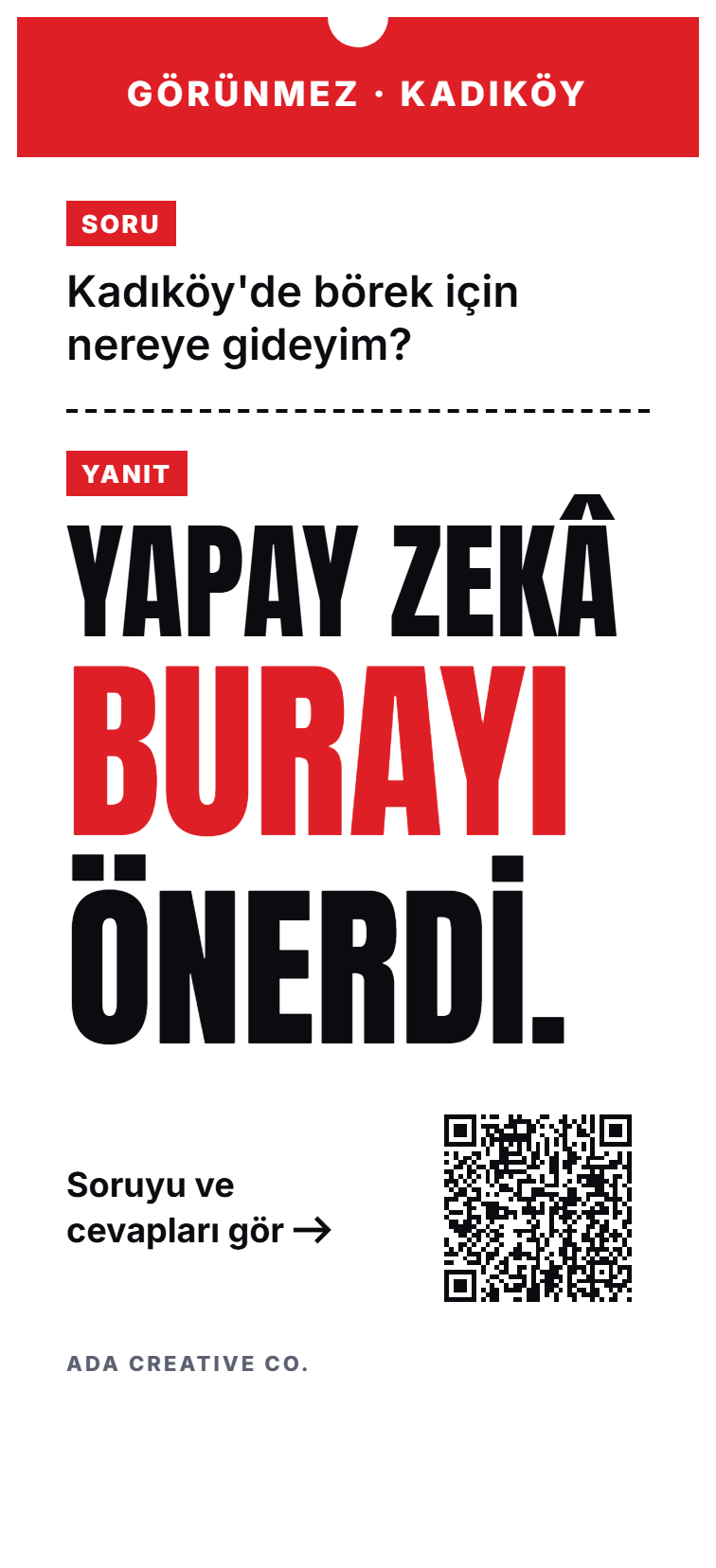 Örnek fiş: GÖRÜNMEZ · KADIKÖY. Soru: Kadıköy'de börek için nereye gideyim? Yanıt: Yapay zekâ burayı önerdi. Altında QR kod.